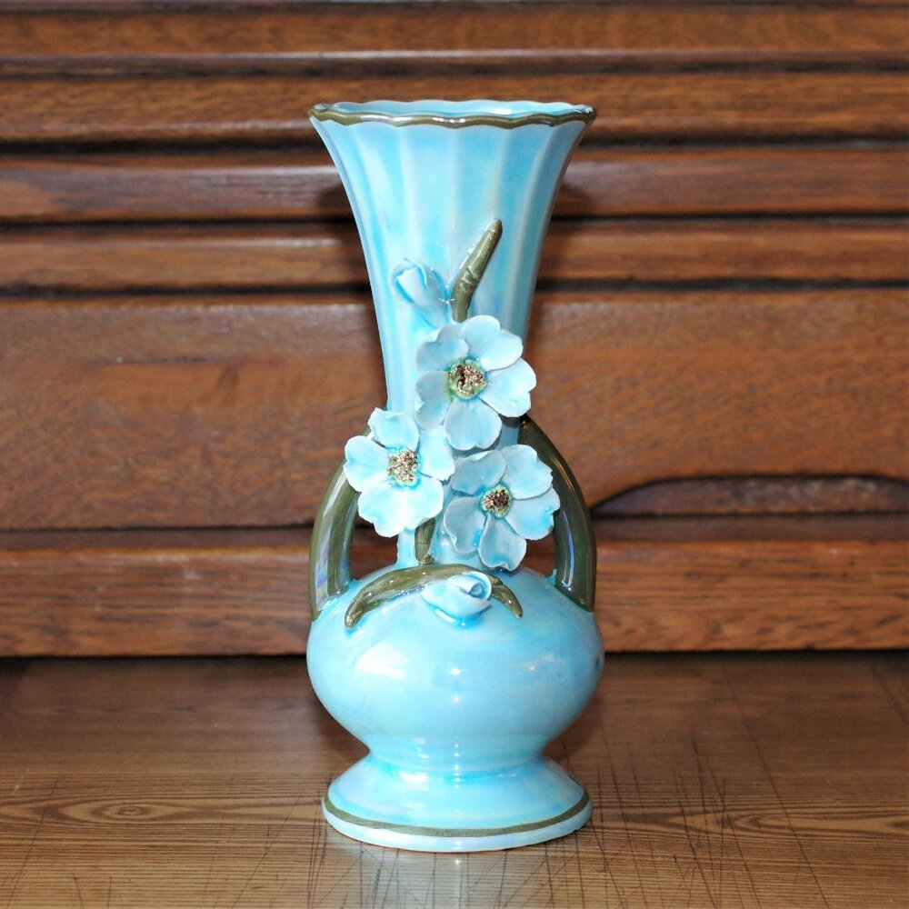 Vintage Blue Lusterware Bud Vase with Floral Relief, Gold accents, Made in Japan